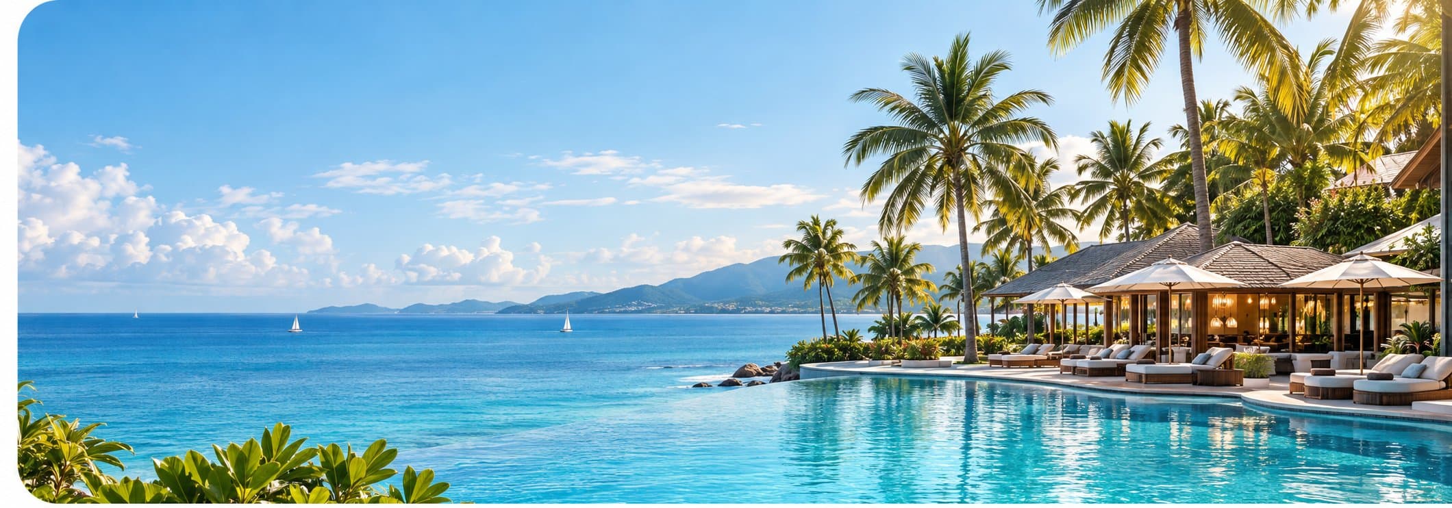 A resort pool at golden hour with palms around the terrace
